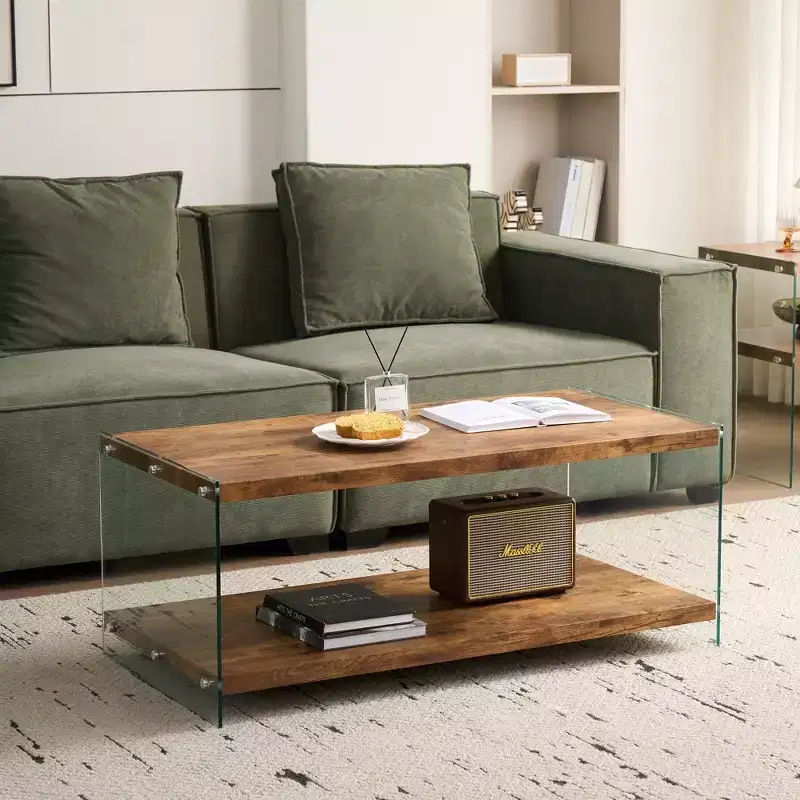 JVNOXK Modern Simple MDF Coffee Table with Walnut Tempered Glass, Side Table for Living Room