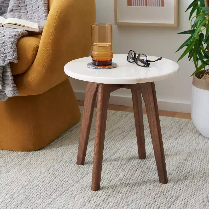 Round Marble End Table - Marble/Walnut