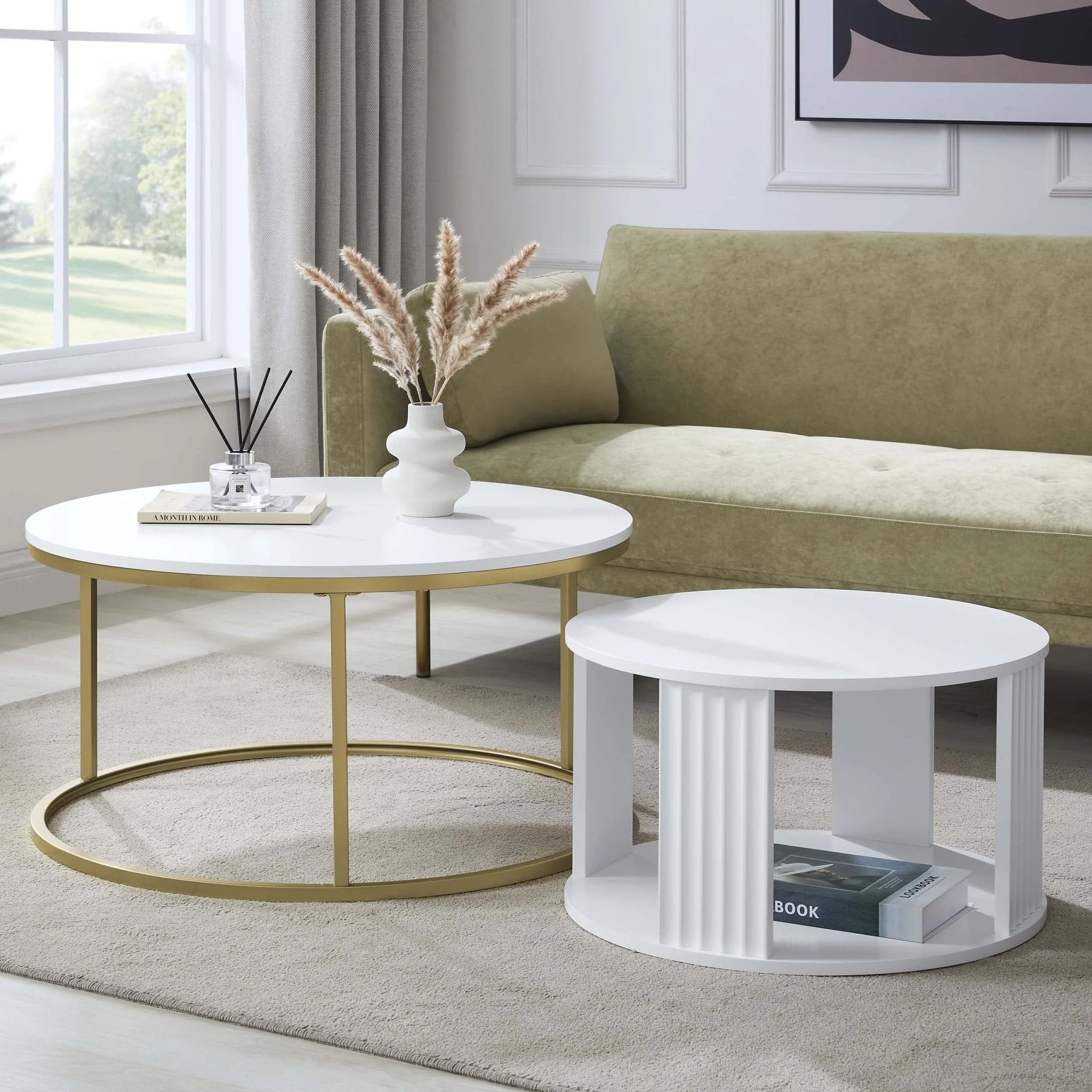 Modern Warm White Painted Coffee Table with Gold Accents for Living Room