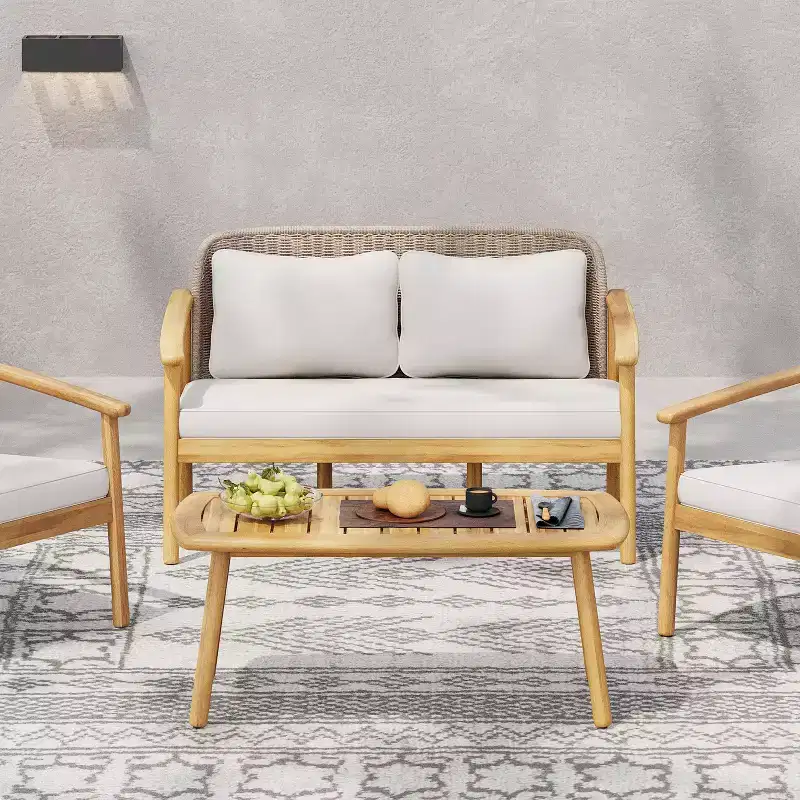 ModernLuxe Outdoor Acacia Wood Conversation Set, Patio Sofa Set with Woven Rope Backrest & Coffee Table, Light Teak Finish