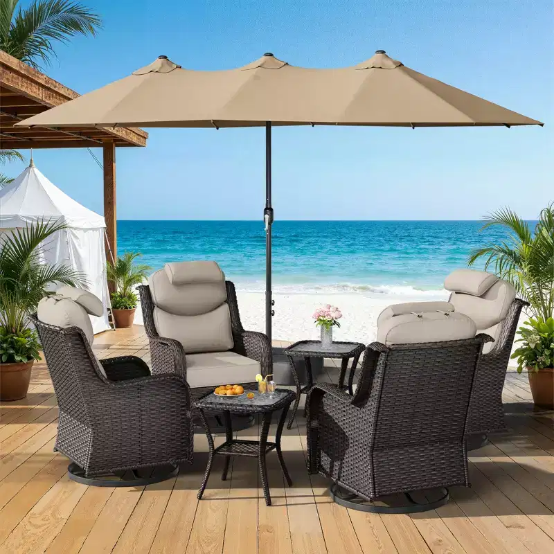 UPTIOT Outdoor Patio Set with Rocking Chairs, Side Tables & 15FT Sun Umbrella for Garden Relaxation