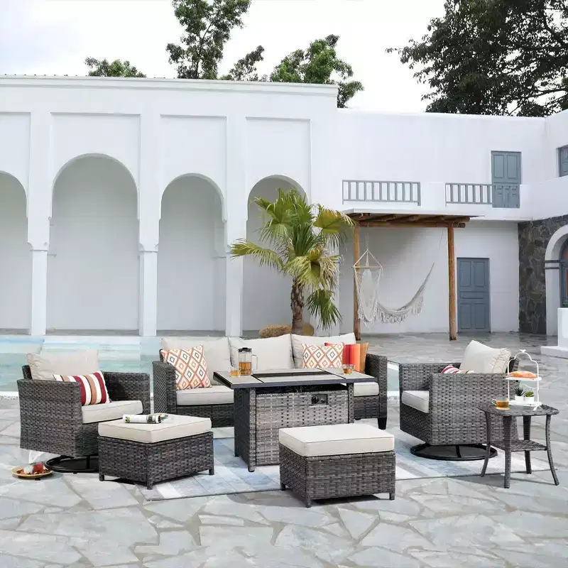 HOMLUX 7-Pc Outdoor Patio Set with Fire Pit Table, Sofa, Swivel Chairs & Ottoman