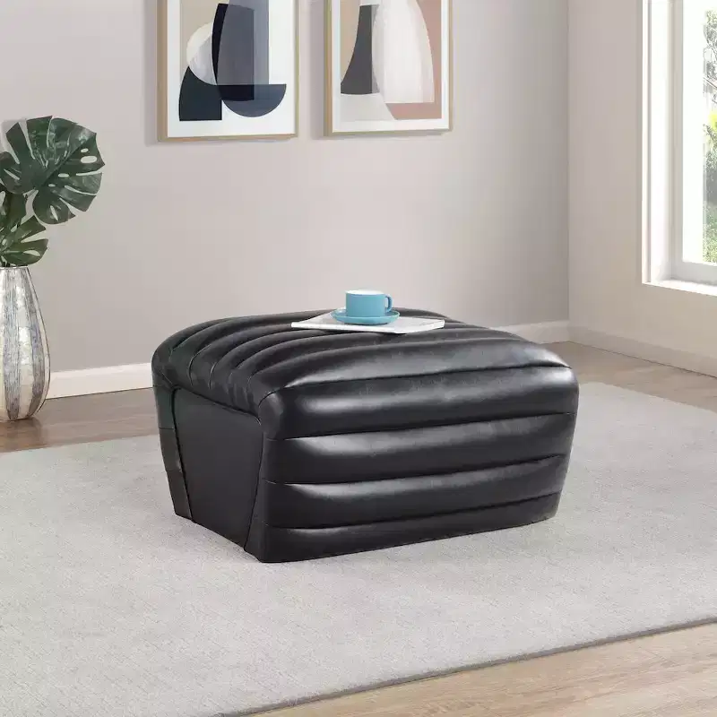 Black Vegan Leather Ottoman with Deep Channel Tufting