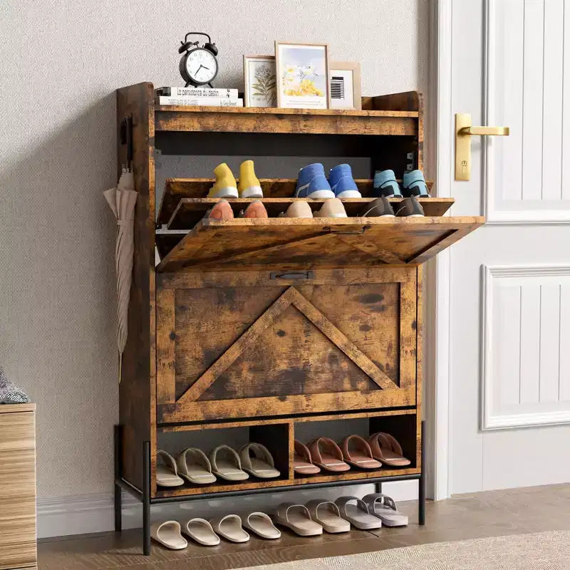 Shoe Cabinet with 2 Flip Drawers, Freestanding Entryway Shoe Storage Organizer, Narrow Rack Cabinet