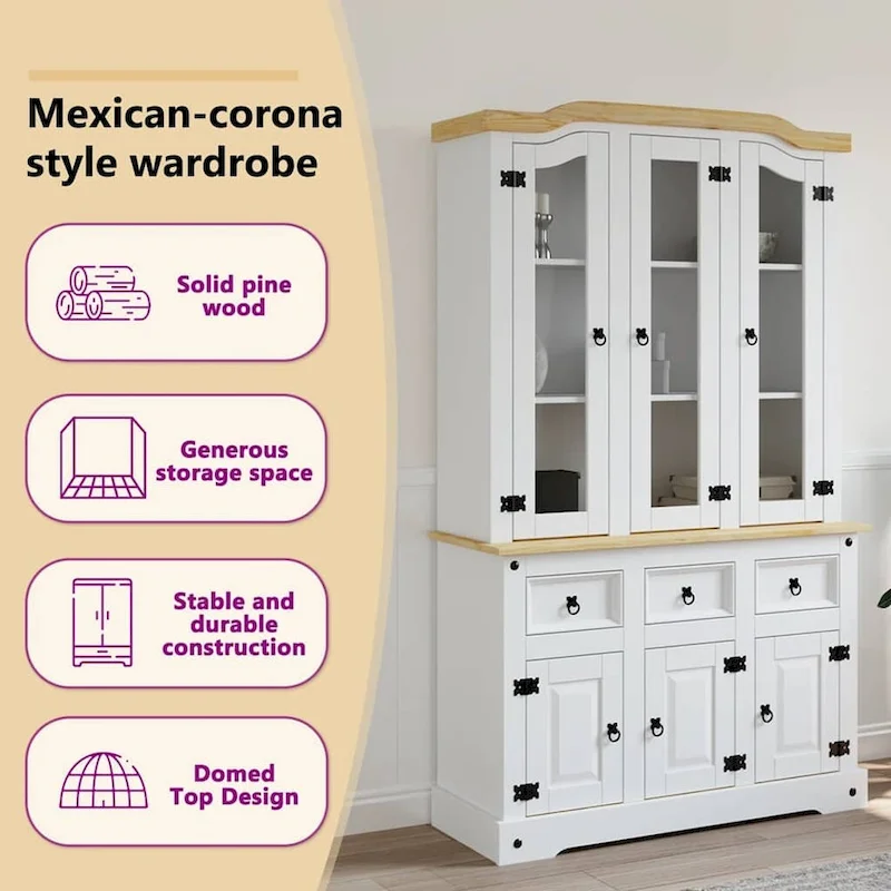 Highboard, 44.1x17x77.2 Inches, White and Natural Finish Top