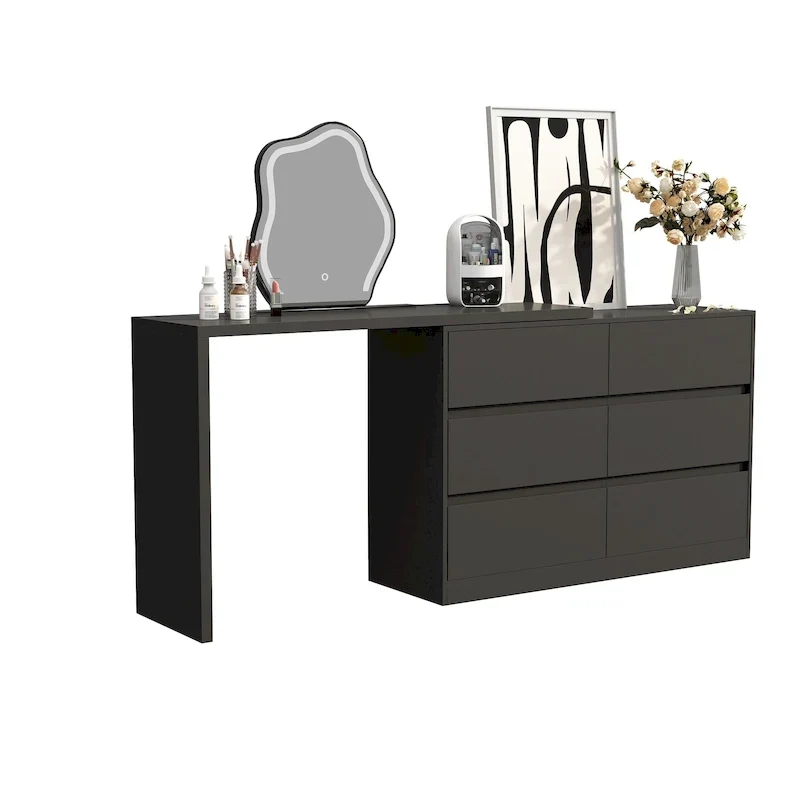 32.7H Rotating Dresser and Desk 6 Drawer Dresser Makeup Vanity White/Black