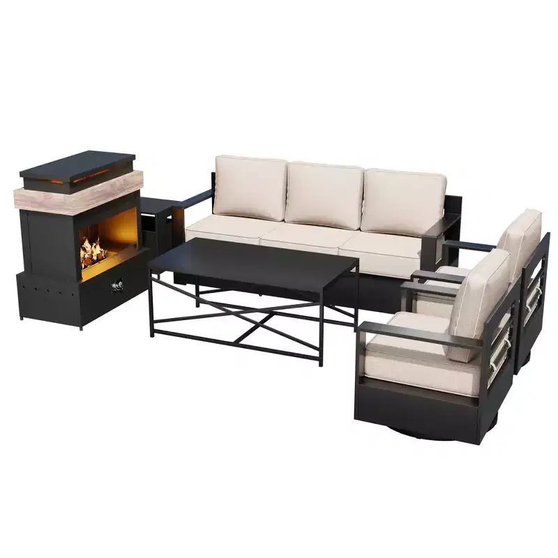 UPTIOT 5-Piece Patio Set: 3-Seat Sofa, 2 Swivel Chairs, Fire Table & Coffee Table with UV-Resistant Olefin Fabric