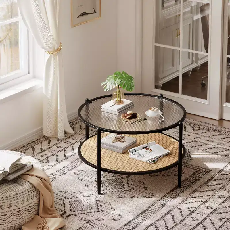 30 Rattan Coffee Table, 2 Tier Wooden Round Center Table with Tempered Glass Top, Farmhouse Cocktail Tea Table for Living Room Bedroom Office