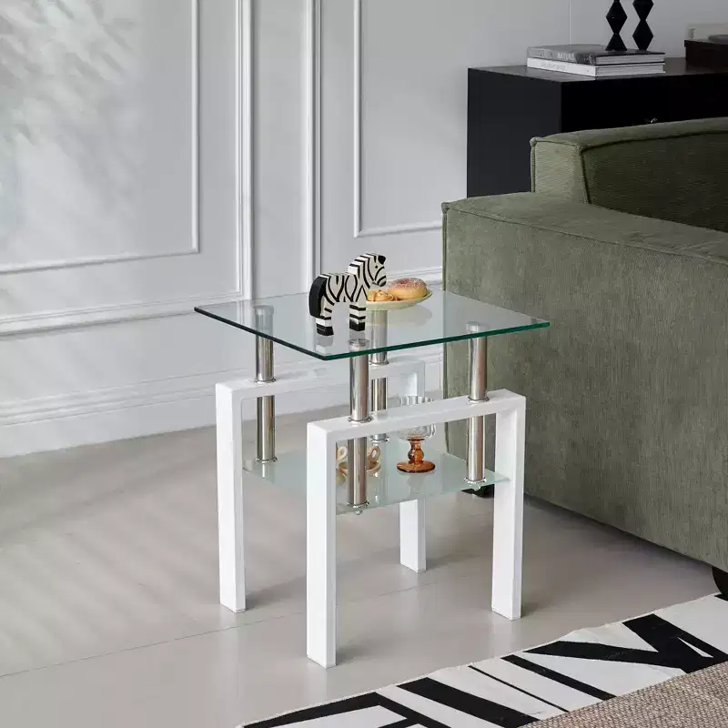 White Tempered Glass End Table, 2-Tier Side Table with Storage for Living Room and Bedroom