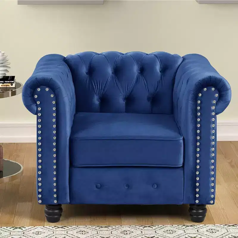 Velvet Chesterfield Chair for Living Room Accent Armhair with Deep Cushion in Blue