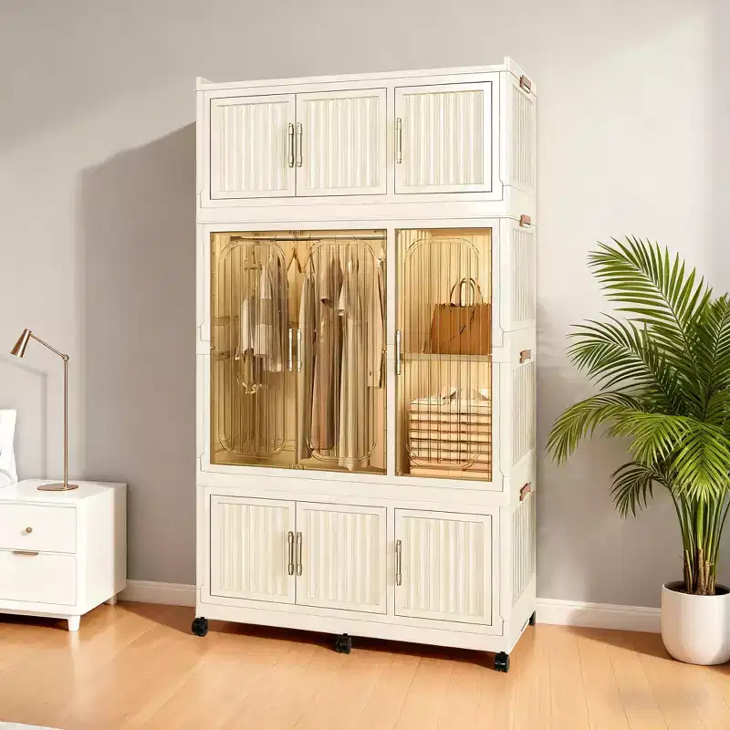Portable Wardrobe Closet with 9 Magnetic Doors & Hanging Rod | 9-Cube Storage Organizer for Baby Clothes | Includes 6 Hangers, White Nursery Dresser