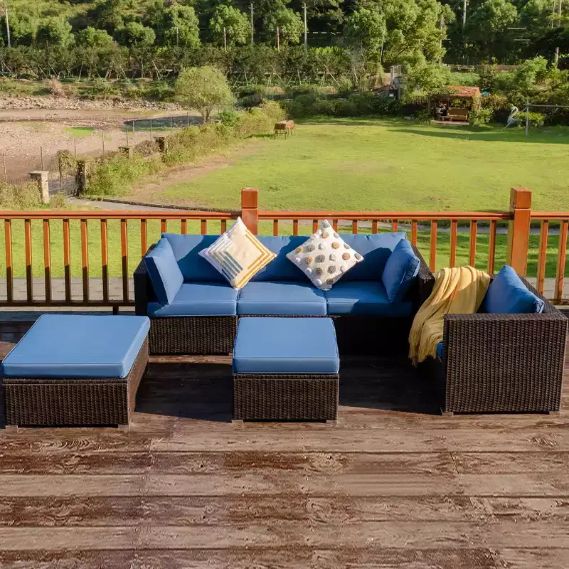 Costway 6PCS Patio Rattan Furniture Set Sectional Cushion Sofa Coffee Table Ottoman Navy
