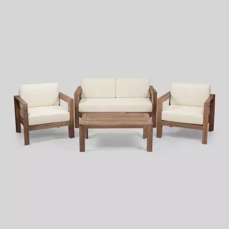 Genser 4pc Acacia Wood Chat Set: Outdoor Loveseat, Club Chairs, Coffee Table - Christopher Knight Home