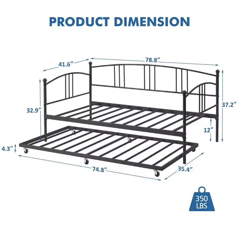 Twin Metal Daybed with Trundle,Twin Size Daybed Frame with Pullout Trundle 6 Casters,Steel Slat Support Guest Sofa Bed for Living,Bedroom,Apartment
