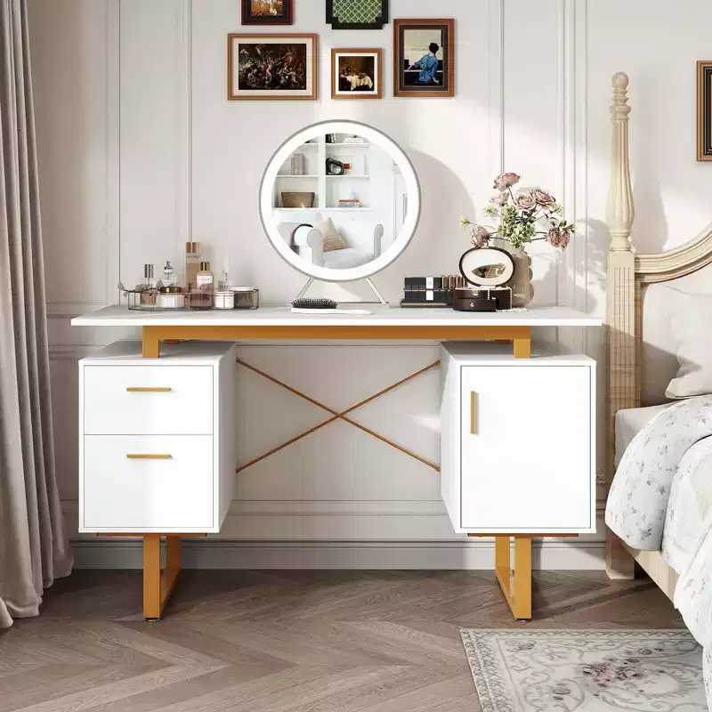 51 Home Office Desk with Floating Desktop Dual Drawers Cabinet & Metal Frame