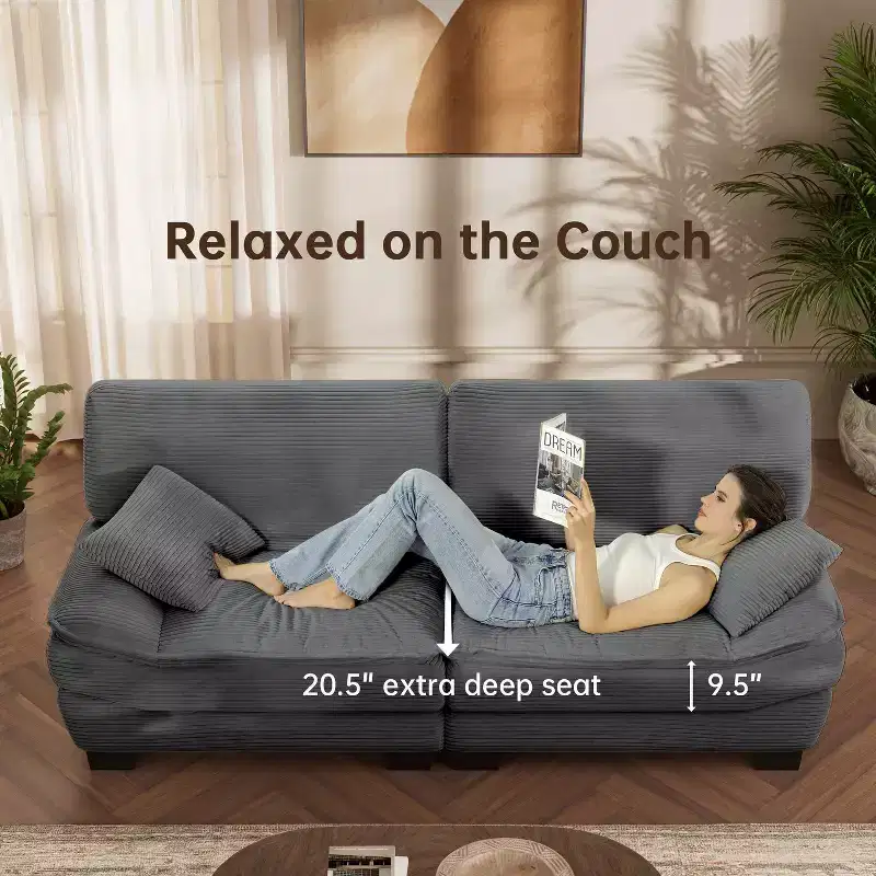Grey 87 Corduroy Couch with 2 Pillows, Sailboat-Shape Deep Seat Sofa for Living Room, Small Space, Office, Apartment-Morden Fort