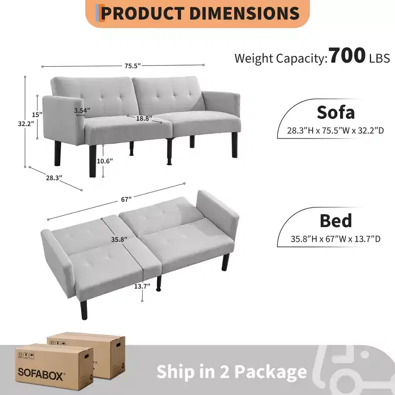 Futon Sofa Bed, Compact Loveseat, Modern Mid-Century Sleeper Sofa, Convertible Couch