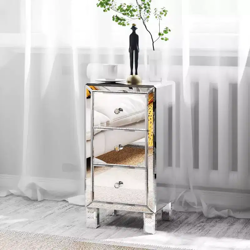 Bonnlo 3-Drawer Mirrored Nightstand End Table Bedside Table for Bedroom, Living Room, Silver, 11.7 L x 11.8 W x 23.8 H