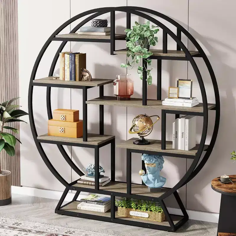 Lantine Bookshelf, 63 Inch Industrial Wood Bookcase with Staggered Shelves, Shelving Organizer Rack Display Shelf for Home Office, Living Room, Grey