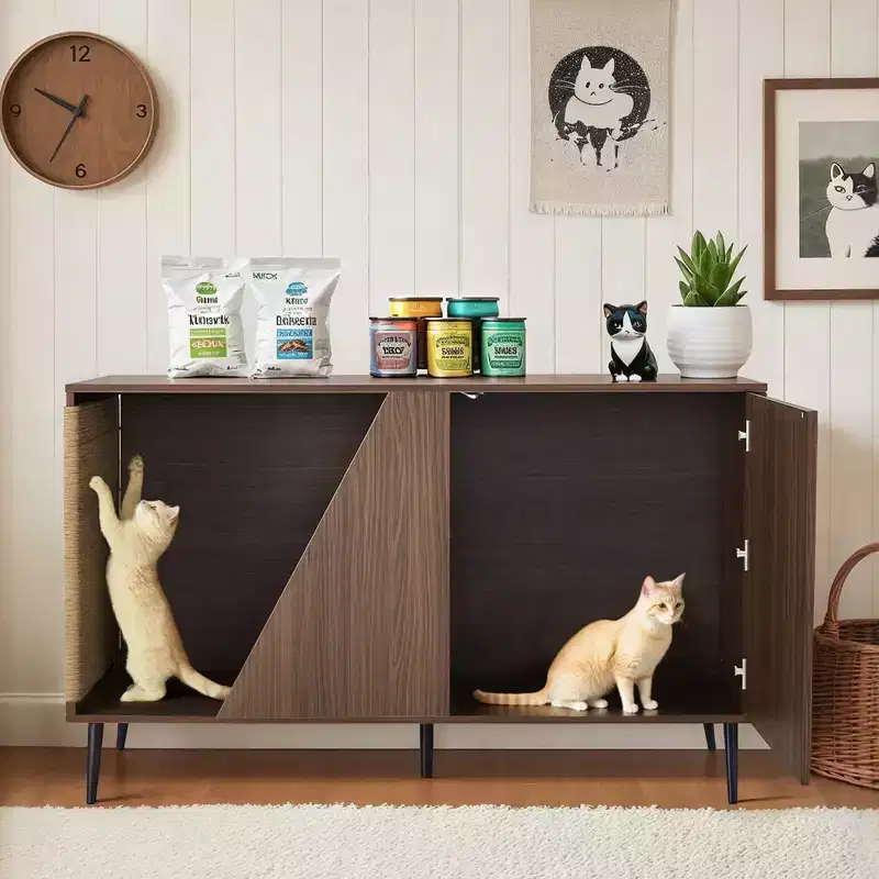 53-inch Cat Furniture 2-in-1 Walnut Sideboard with Litter Box Enclosure & Scratching Post