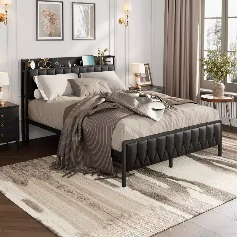 Bed Frame with PU Faux Leather Button Headboard with Charging Station, Metal Platform with Storage, Noise-Free, No Box Spring Needed, Easy Assembly