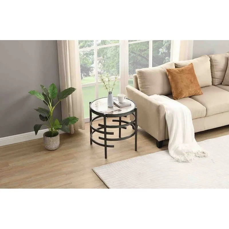 Grondin 20.67 Round End Table with Sintered Stone Table Top and Metal Frame, Modern Style Side Table with Non-Slip Foot Pads