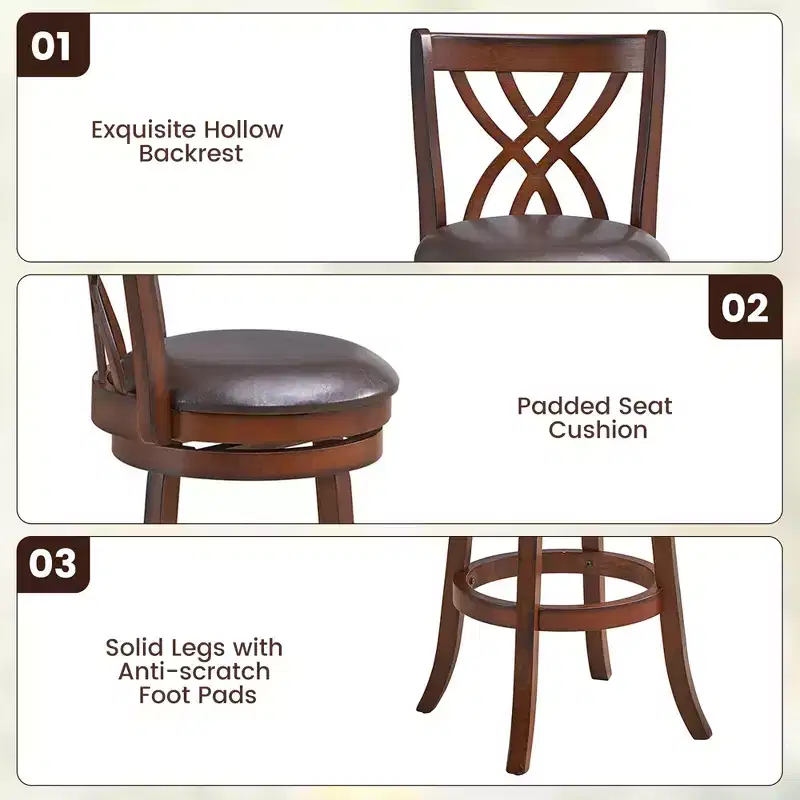Costway Set of 2 Swivel Bar Stools Bar Height Dining Pub Chairs with Rubber Wood Legs