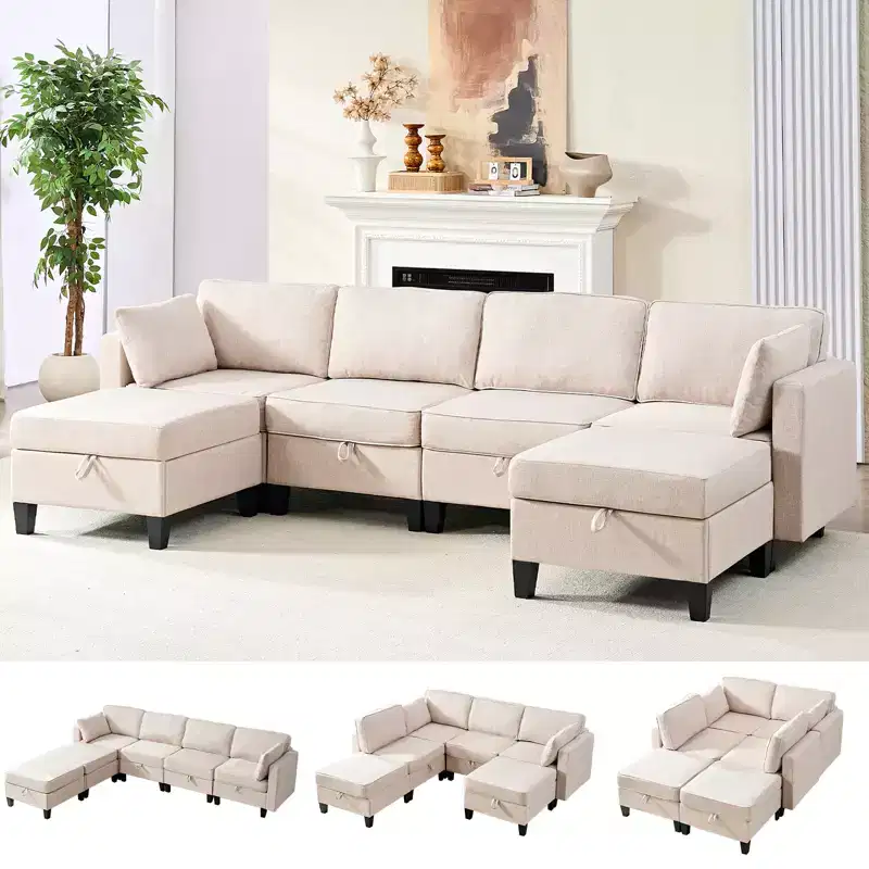 Mjkone Flexible Combination 4-Seater Modular Sofa with Ottomans,Linen Convertible Sleeper Sofa Bed with Storage Space
