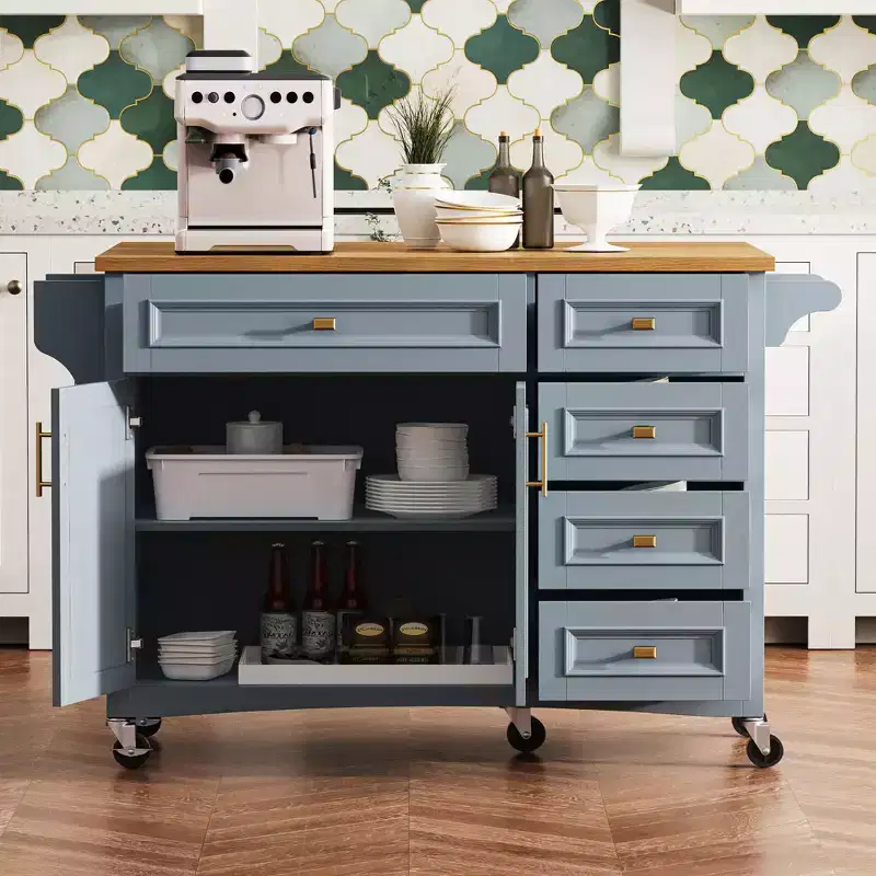 52'' Kitchen Island with Drop Leaf, Built in Racks, Drawers and Adjustable Shelf, Kitchen Island on Wheels