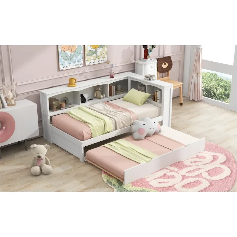 Twin Wooden Daybed with Trundle, Cabinets, and Charging Stations