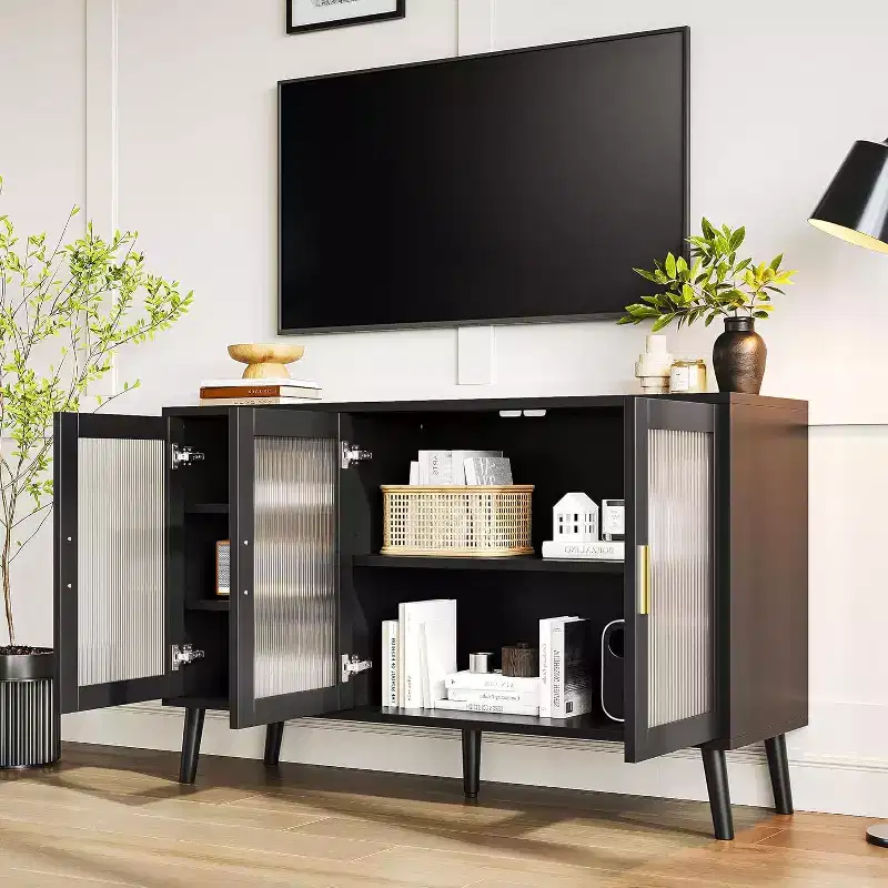 Acekool 48 Large TV Console Storage Cabinet, Modern Stand with 3 Fluted Glass Doors, 5 Adjustable Shelves, Black for Living Room