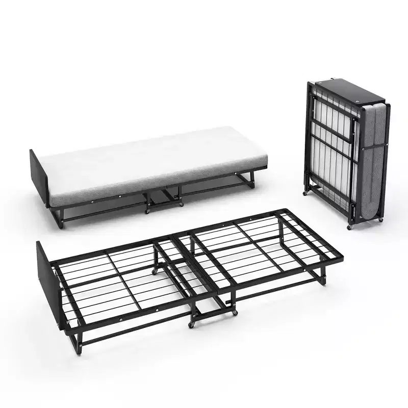 Folding Bed With Mattress, Portable Guest Beds With 4 Wheels, 4 Foam Mattress & Metal Frame, Space Saving Cot Size Roll way Bed For Home Guest Room