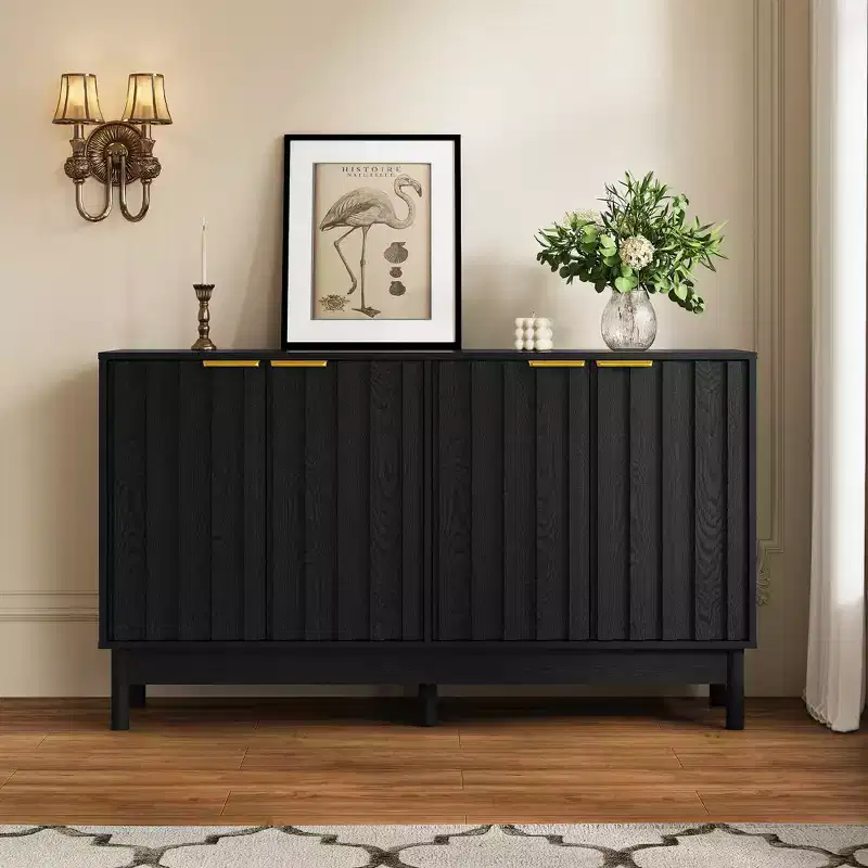 Black / White Fluted Sideboard Buffet Cabinet with 4 Doors & Adjustable Shelves, 55
