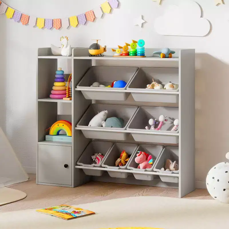 Kids Toy Storage and Bookshelf, Wooden Bookcase with 4 Small Boxes & 4 Large Boxes Gray/White
