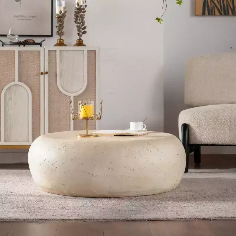 35.4 Modern Round Coffee Table, Faux Stone Center Table, Smooth Edge End Table for Living Room, No Assembly Required-Panipeachy