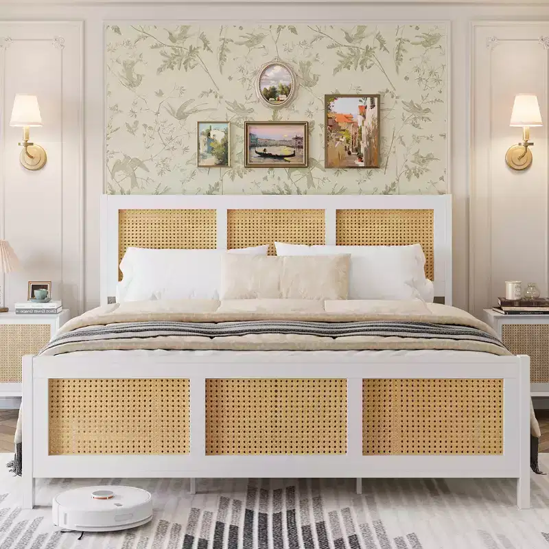 Modern Rattan Bed Frame  Full & King Size Platform with Headboard, Bohemian Design, Metal Slats Support, Noise-Free, Underbed Storage