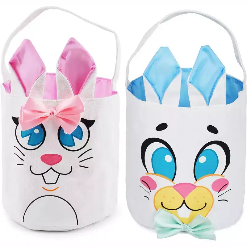 2 Pcs Easter Bunny Basket Canvas Bags for Easter Eggs Hunt, Gift Baskets Egg Bags for Kids, Kids Party Favor