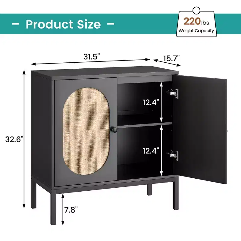 CuisinSmart 31.5'' Sideboard Buffet Cabinet with Rattan Wicker, Kitchen Cabinet with 2 Rattan Doors, Kitchen Cabinets for Kitchen Dining Room