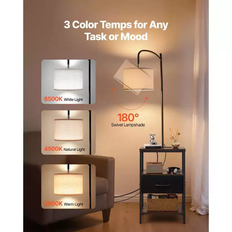 Floor Lamp with Table, 3-Tier End Table with Drawer and 3 Color Temperature Lighting, Modern Side Nightstand with USB, Brown & Black