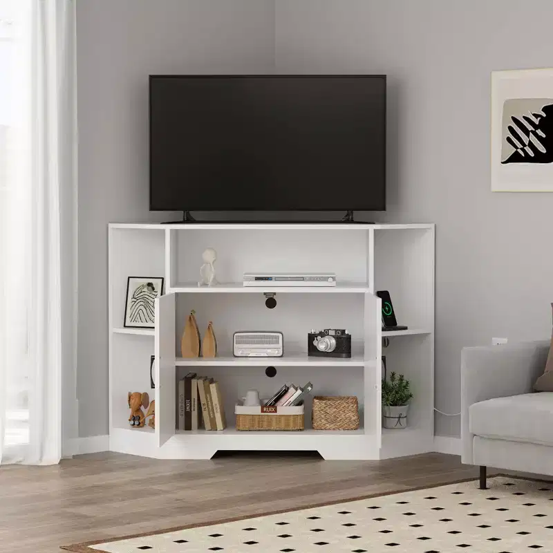 TROPOW Corner Tv Stand for Tvs Up to 55 Inch with Power Outlet, Entertainment Center, Wood Tv Media Console with Storage Cabinets Shelves , White