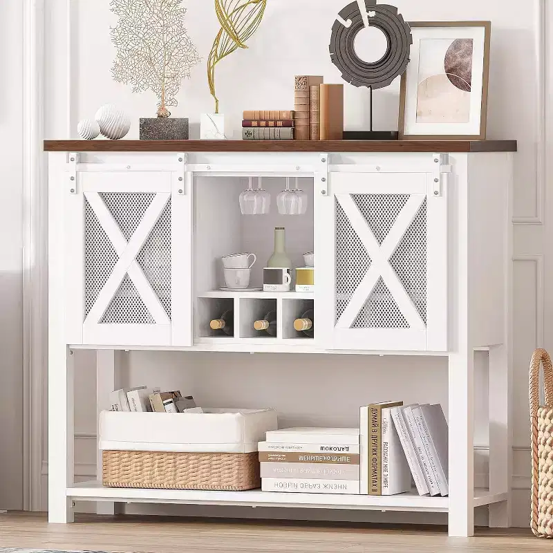 Farmhouse Bar Cabinet with Wine Glass Rack - Buffet Sideboard with Barn Door for Kitchen, Dining & Living Room