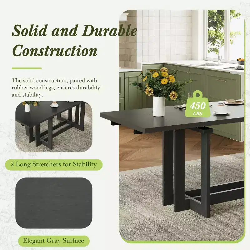 GDFStudio Ebony 82 Extendable Rubberwood Dining Table with Two 12'' Removable Leaves and Trestle Legs