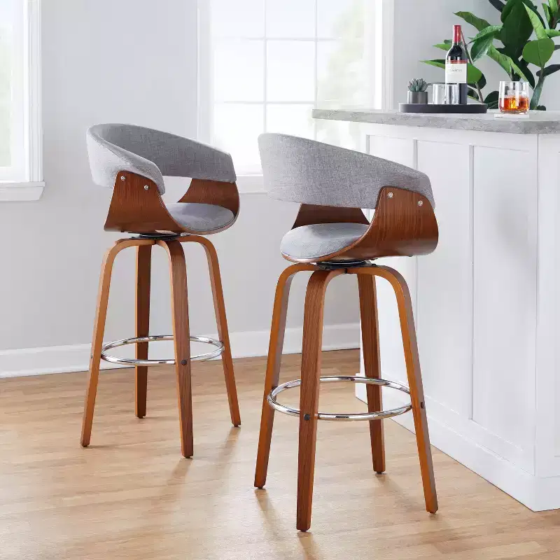 Vintage Modern Fixed-Height Barstool, Walnut Wood Legs, Chrome Footrest, Light Gray Upholstery