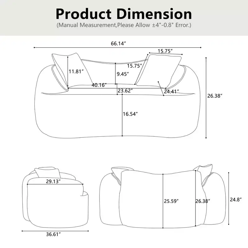 Clihome Curved Two-Person Compress Sofa with Armrests & 2 Pillows
