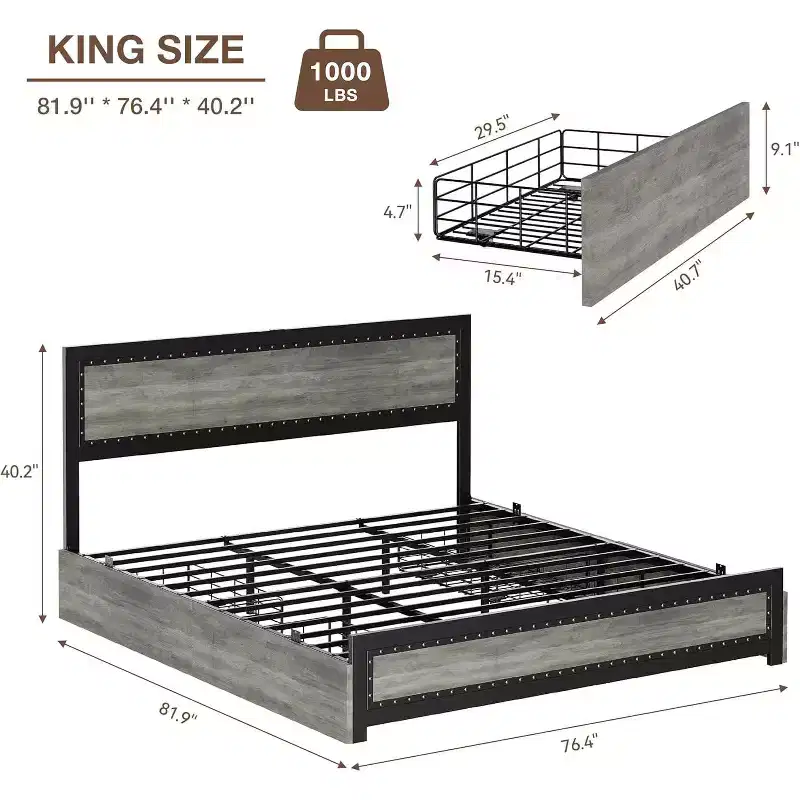 King Platform Bed Frame with 4 Storage Drawers & USB Charging Station. No Box Spring Needed, Features Riveted Headboard & Metal Slats in Gray.