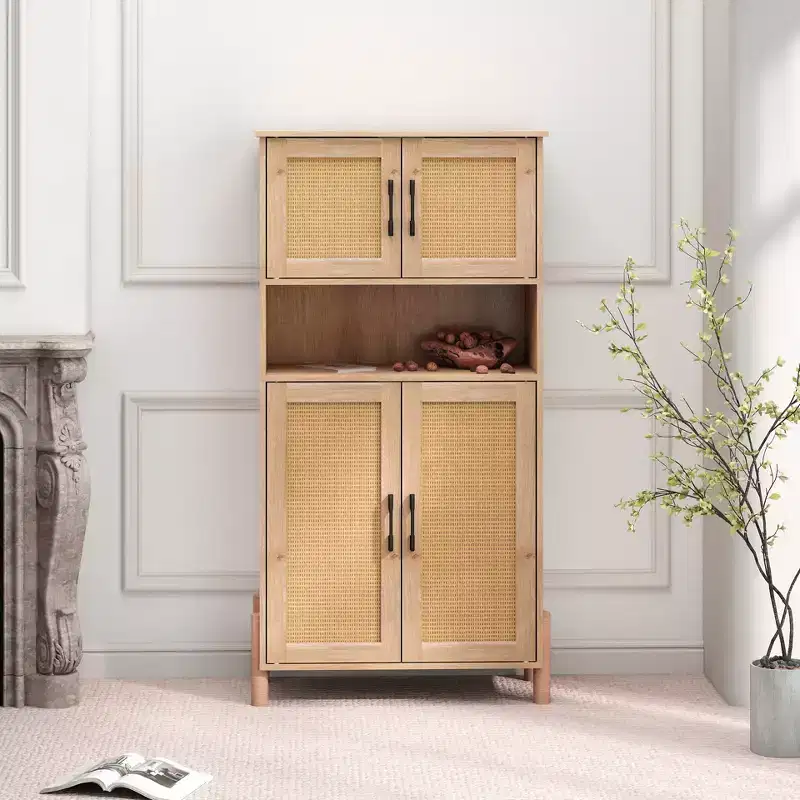 Modern 4-Door Storage Cabinet with Woven Rattan Doors & Adjustable Shelves for Living Room & Dining Room Natural
