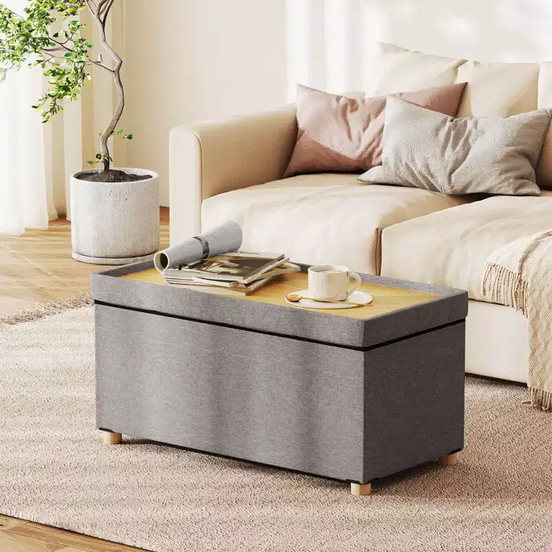 30 Storage Ottoman Bench with Tray Rubber Wood Legs for Small Space Entryway Gray/Beige