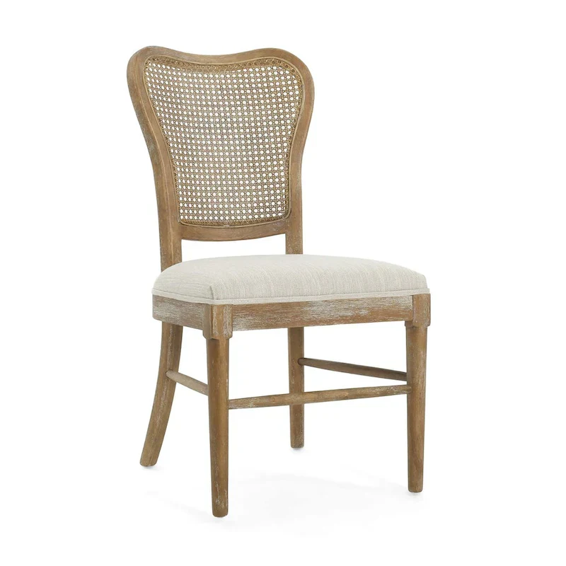 Farmhouse-style rubberwood dining chairs with rattan backrests (two chairs per set).