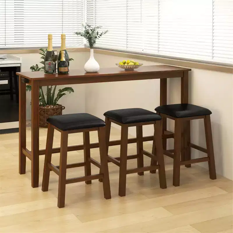 Costway 4-Piece Bar Table Set w/ Power Outlet Counter-Height Table & 3 Bar Stools