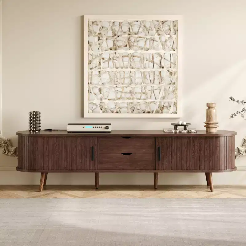GDFStudio Edwin 70 Mid Century Modern TV Stand with Tambour Door and Power Outlet